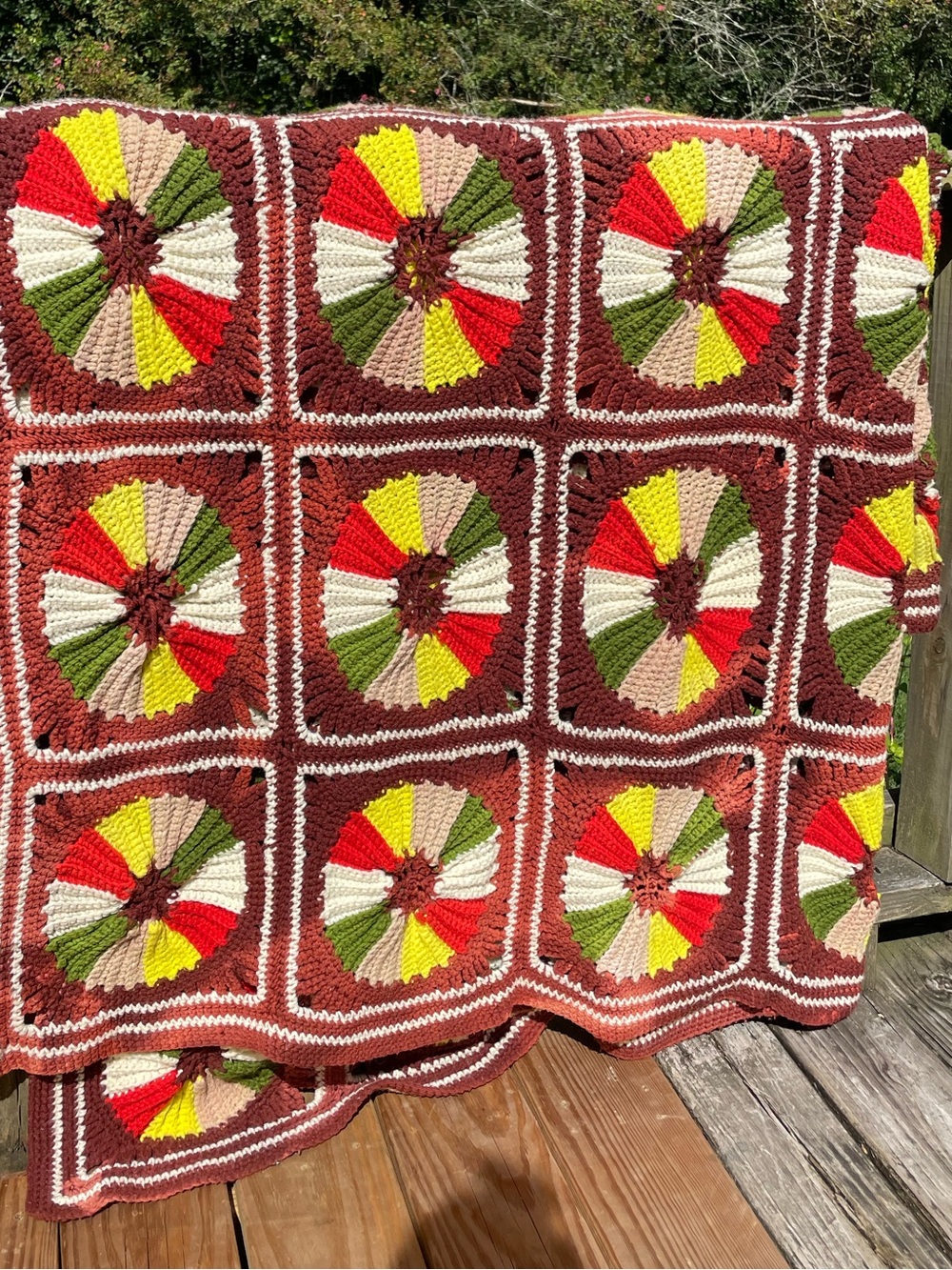 Appx 104” x 96” handmade crochet afghan throw blanket Granny Square Wheels